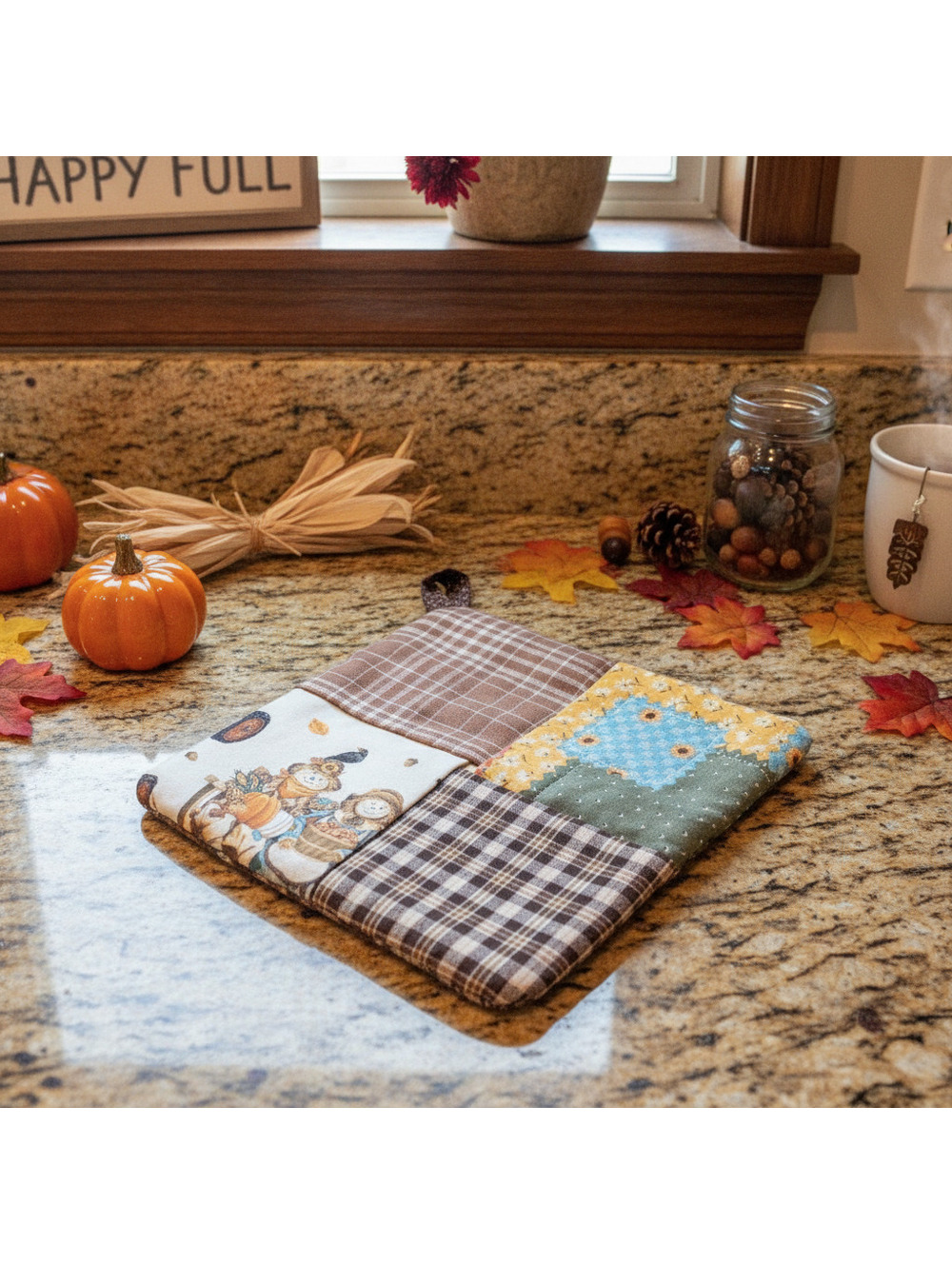 Handmade Patchwork Quilted Pot Holder, Fall Decor, Plaid